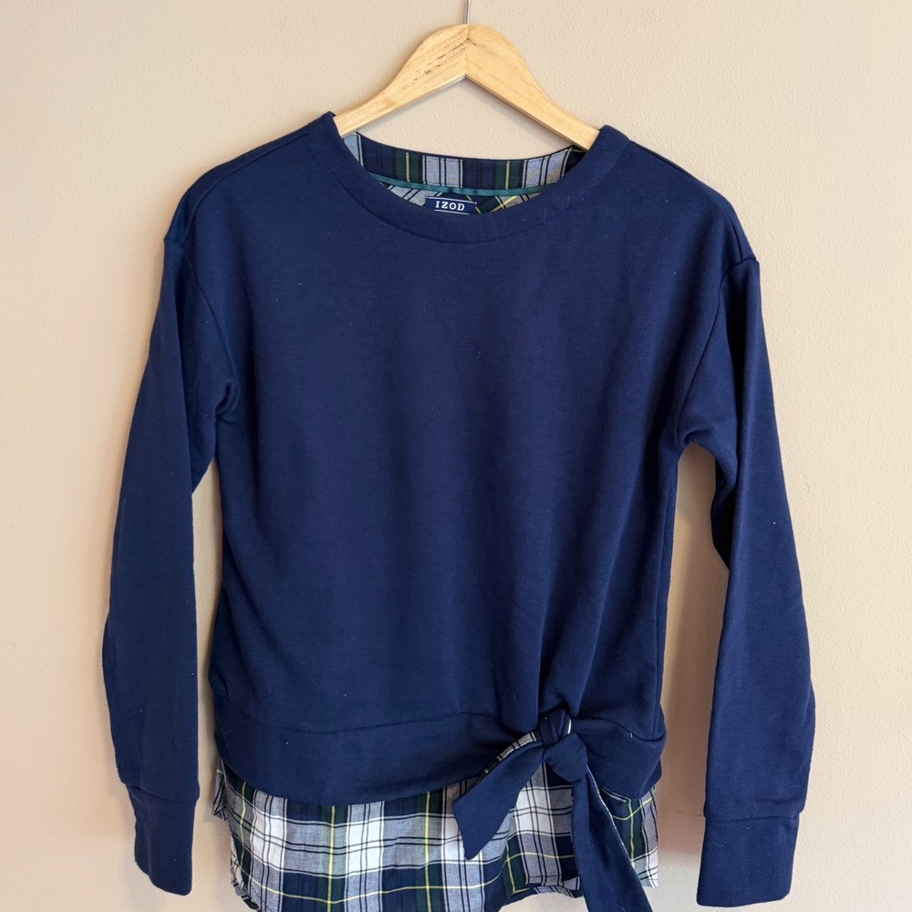 IZOD Womens Navy Blue Layered Plaid Hem Sweatshirt Side Tie Top XS - Picture 2 of 5